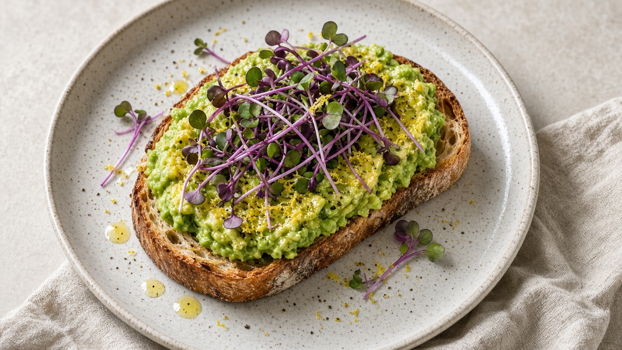 Avocado toast on sourdough topped with peppery sango radish microgreens