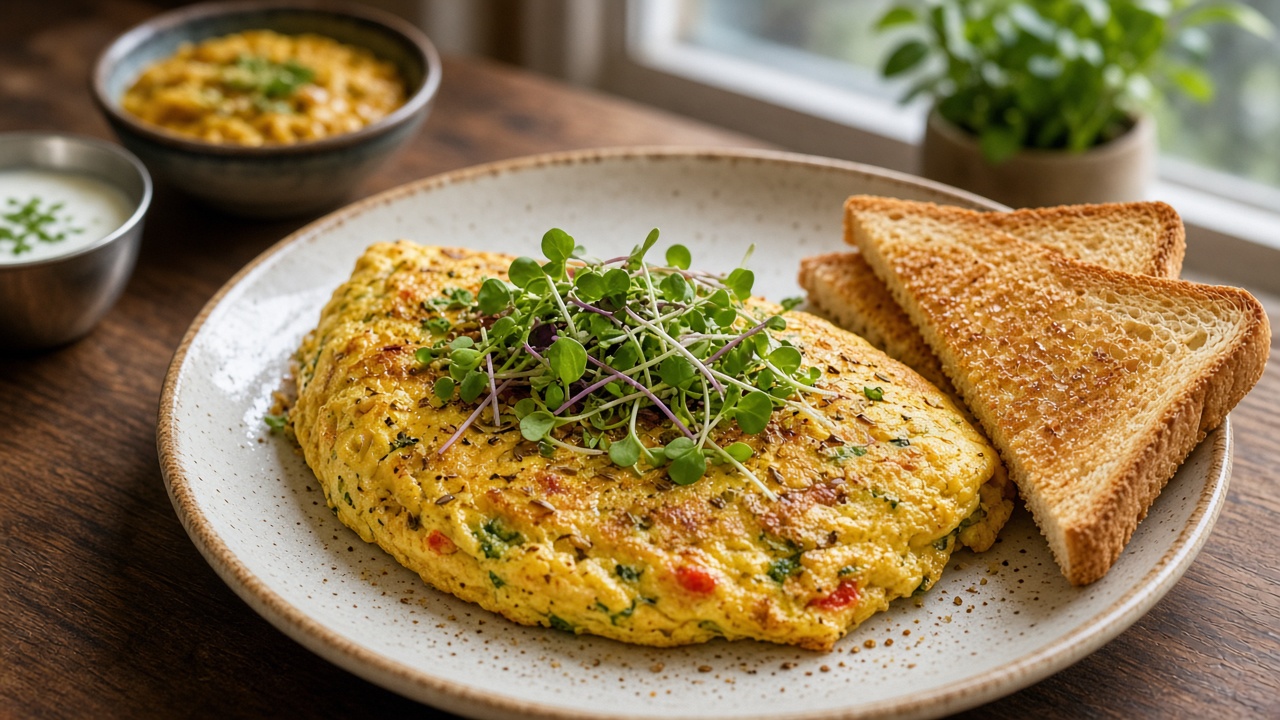 Masala omelette on a breakfast plate topped with broccoli microgreens