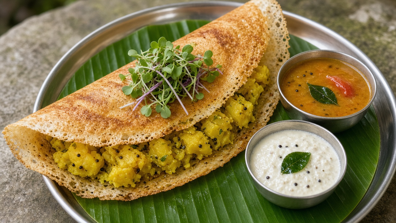 Crisp dosa with potato masala, chutney, and fenugreek microgreens