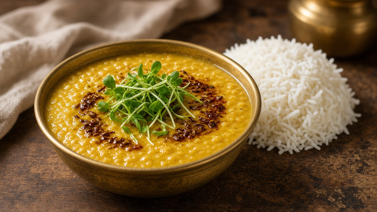 Yellow dal tadka topped with sharp mustard microgreens, served with rice